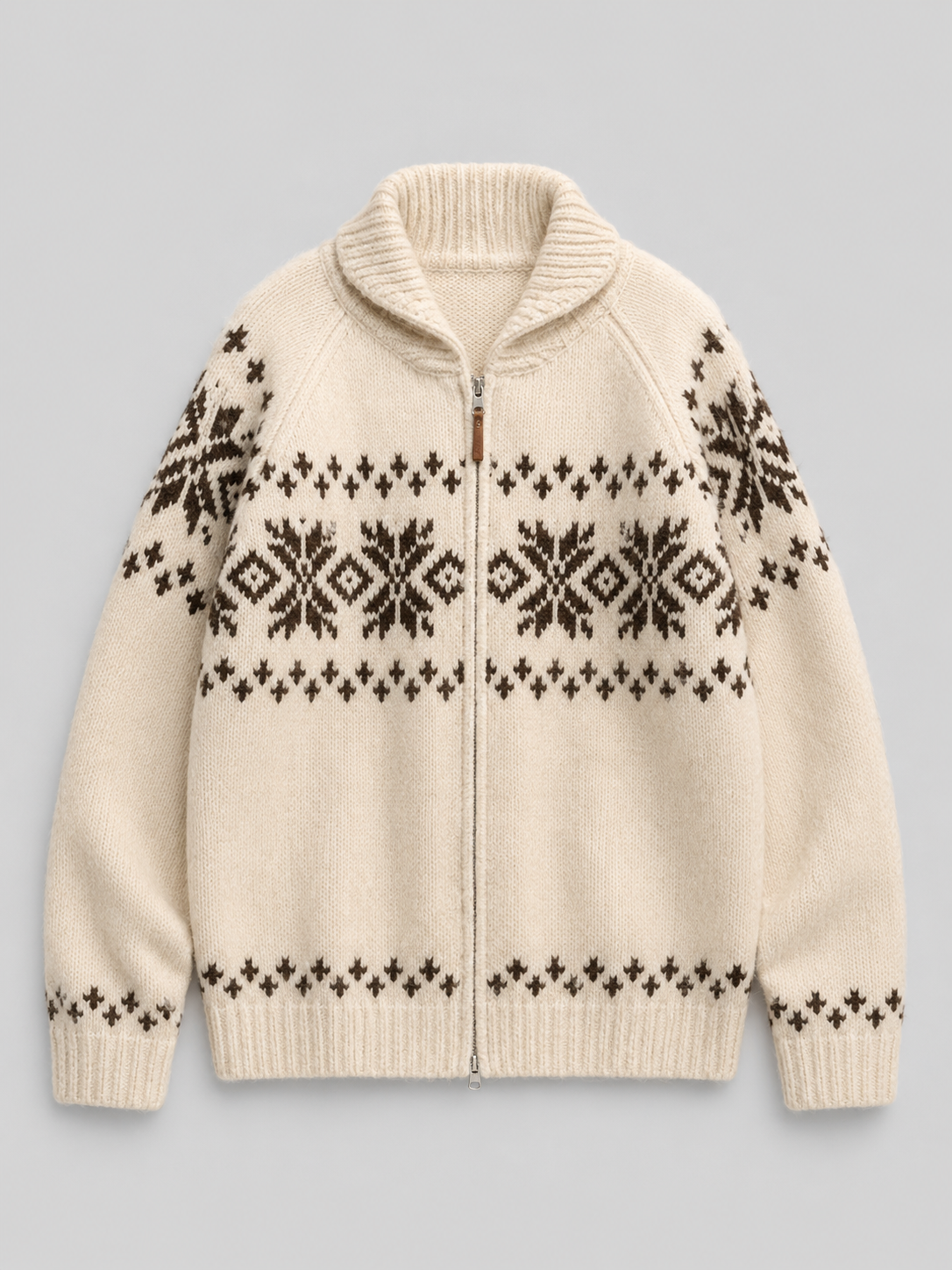 Women's Fair Isle knitted cardigan with a zip front and high collar
