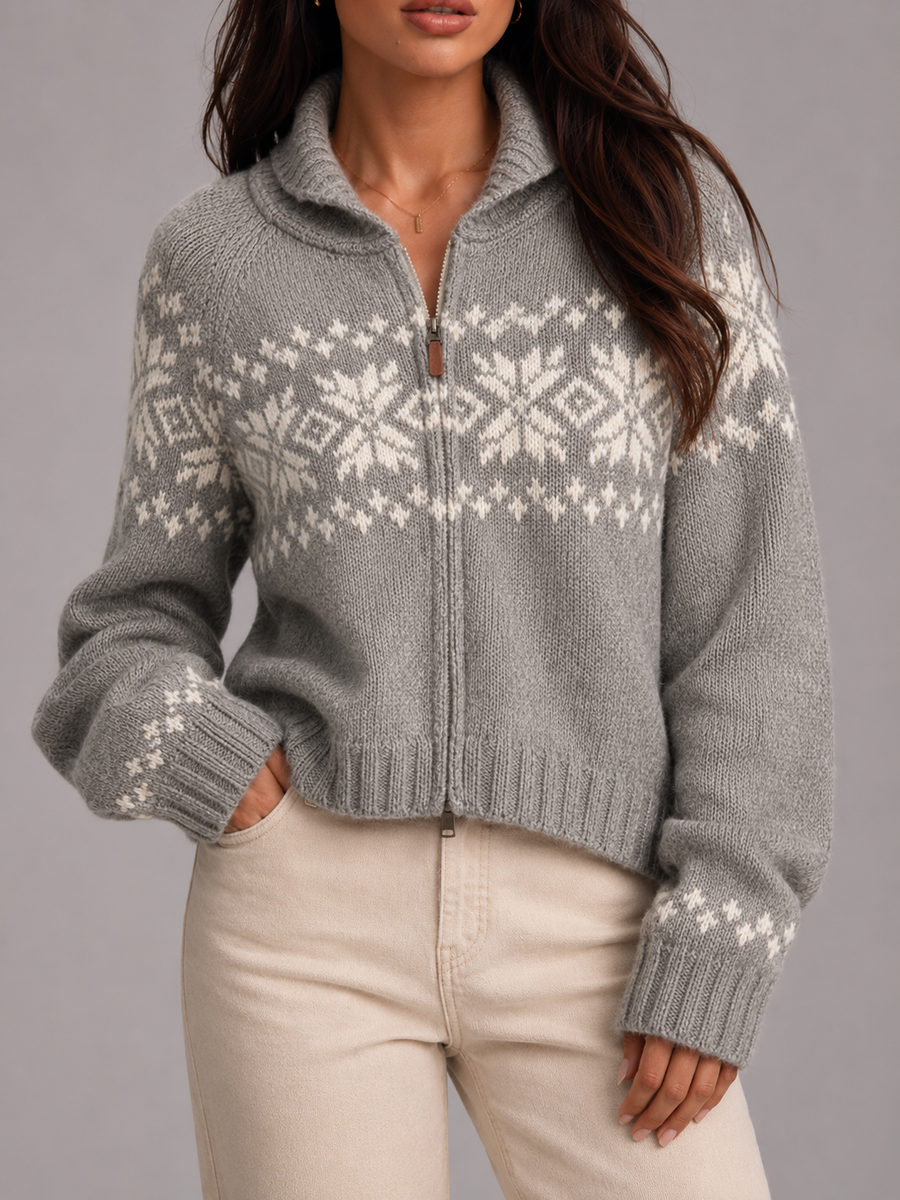 Women's Fair Isle knitted cardigan with a zip front and high collar