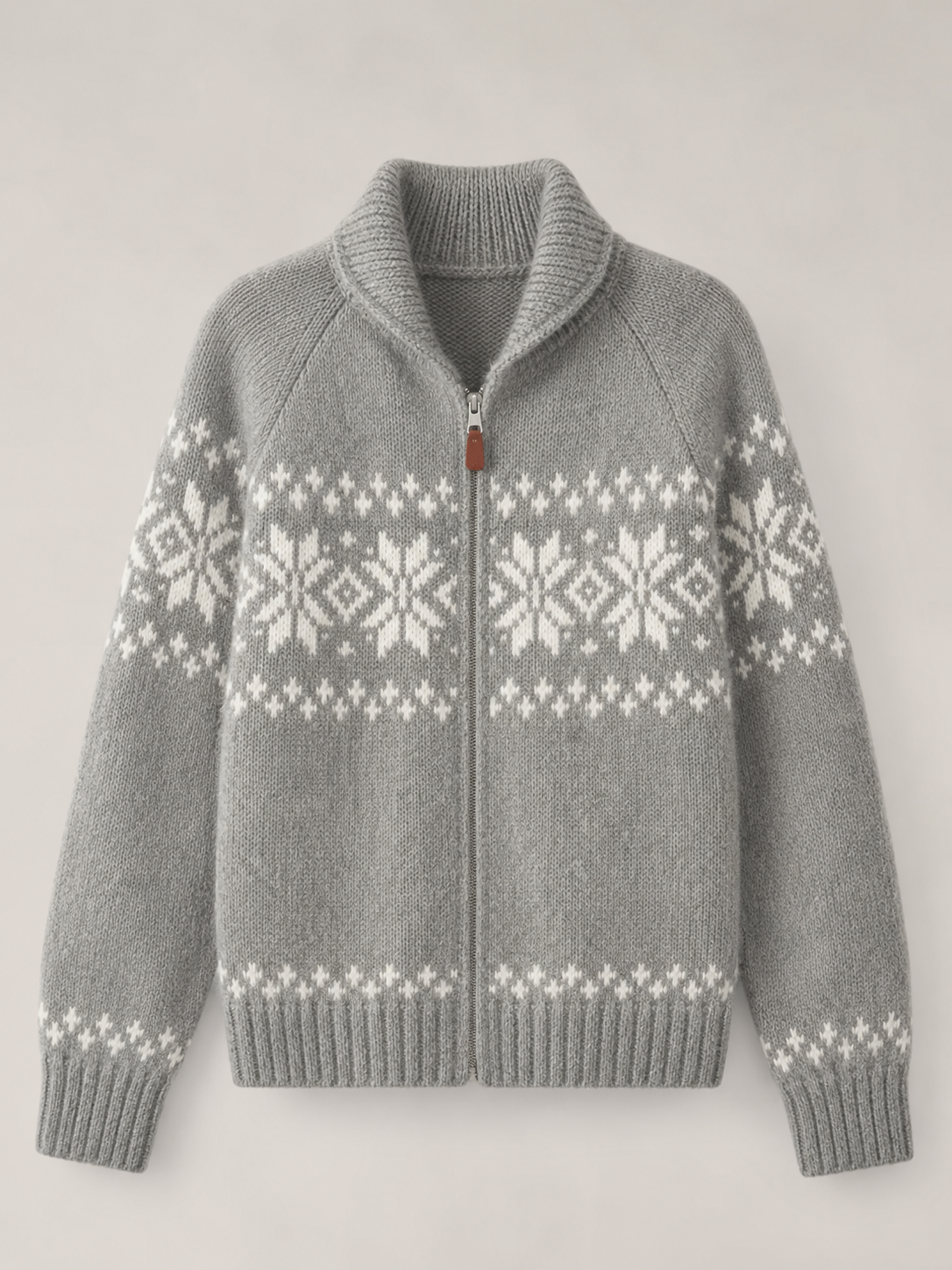 Women's Fair Isle knitted cardigan with a zip front and high collar