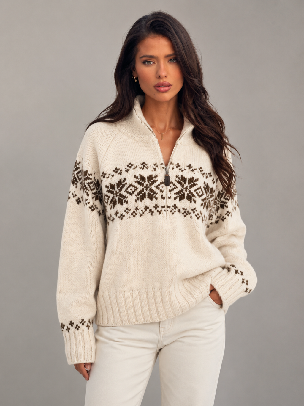Women's Fair Isle zip-up knit cardigan with a patterned yoke