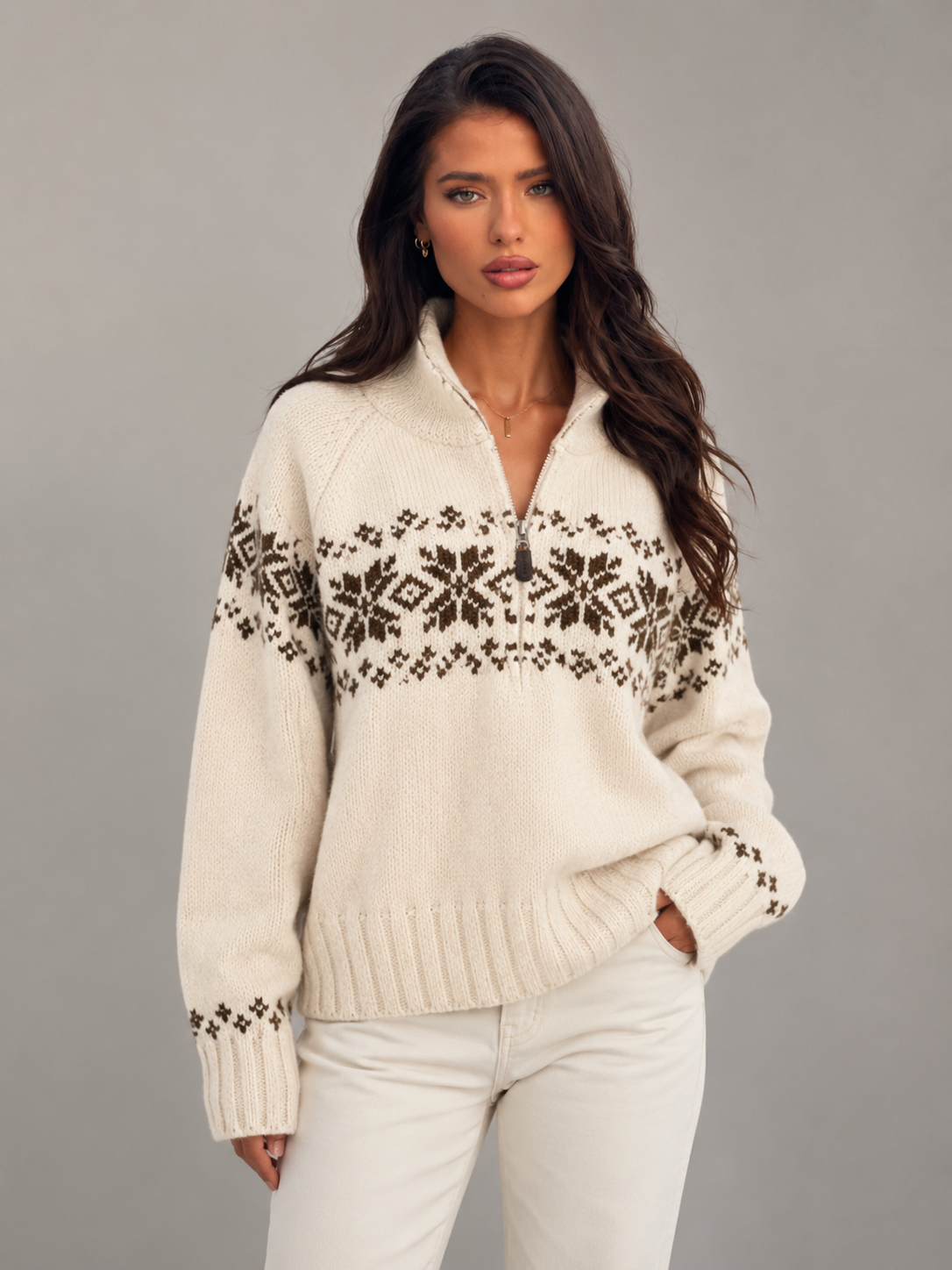 Women's Fair Isle zip-up knit cardigan with a patterned yoke