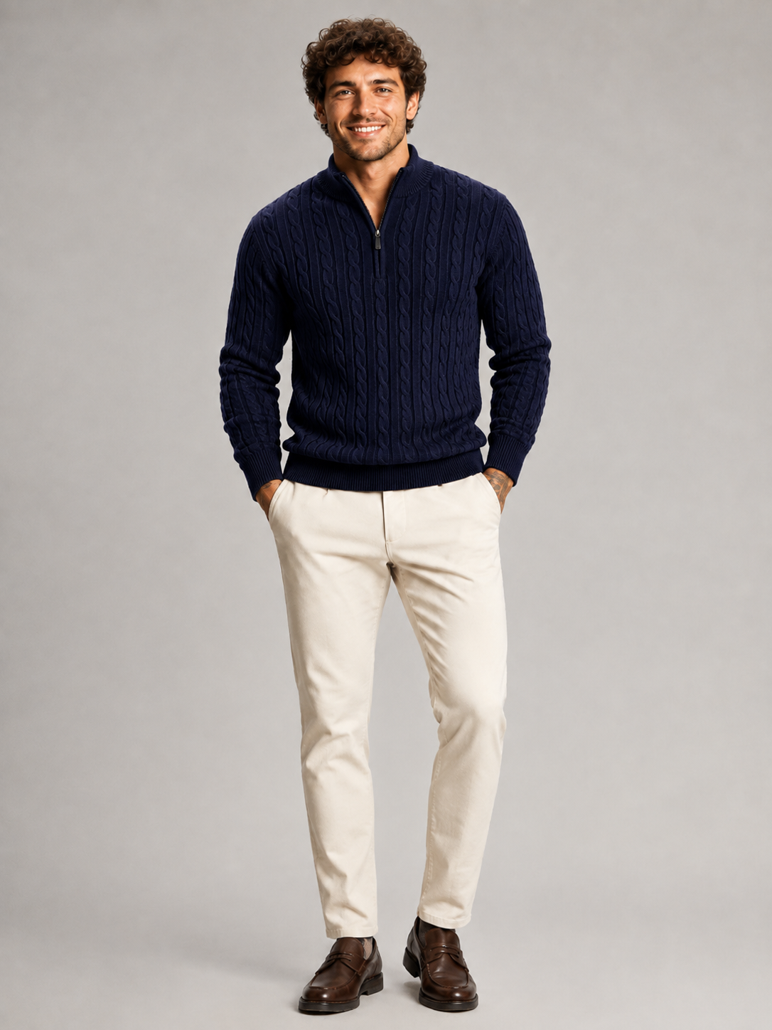 Men's all-over cable knit half-zip jumper