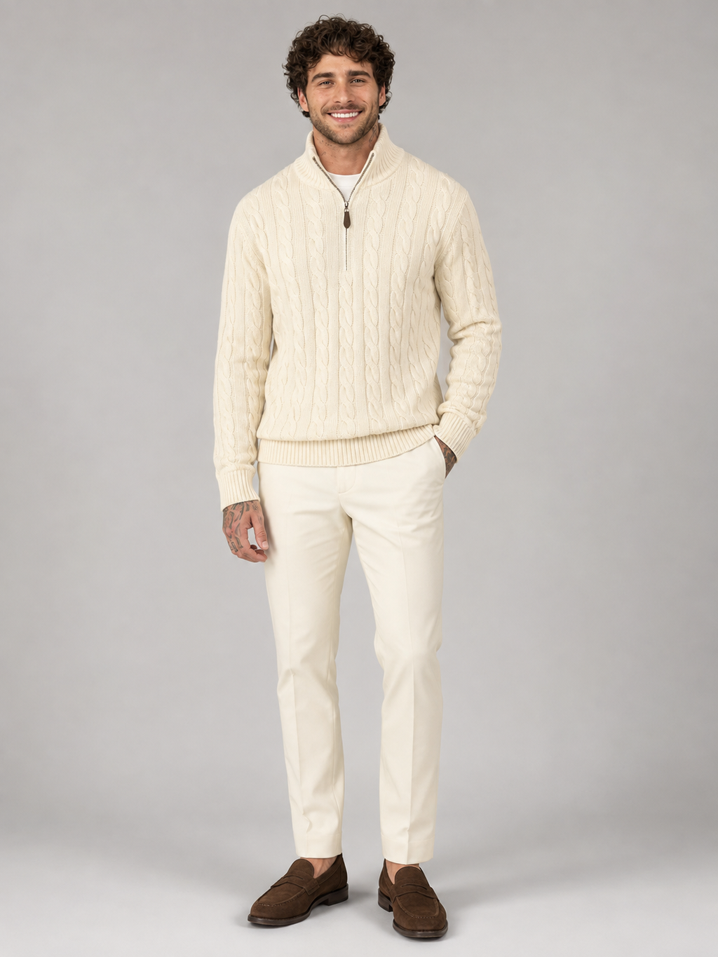 Men's cable knit half-zip jumper with stand collar