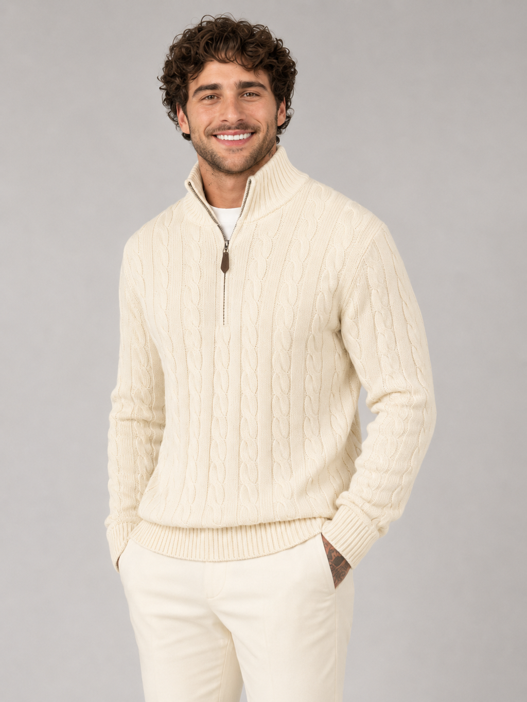 Men's cable knit half-zip jumper with stand collar
