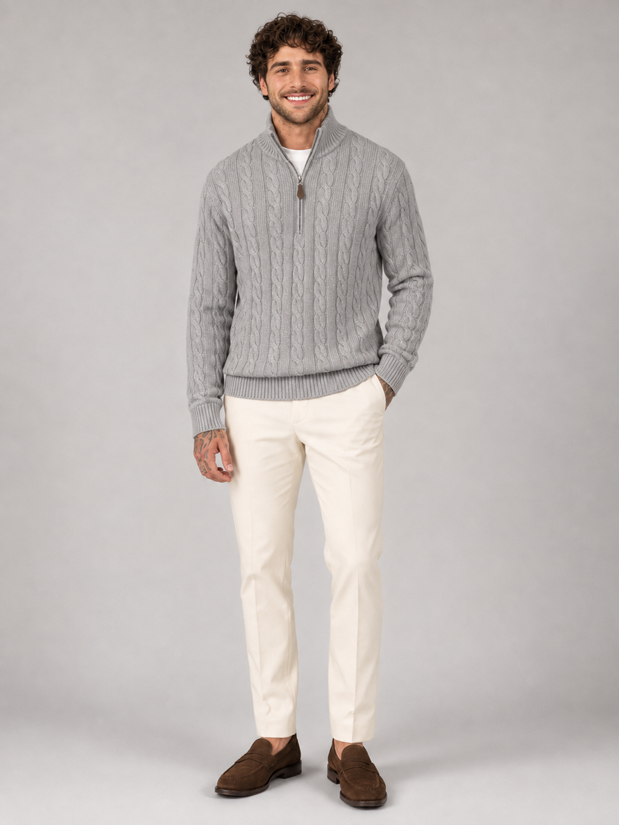 Men's cable knit half-zip jumper with stand collar