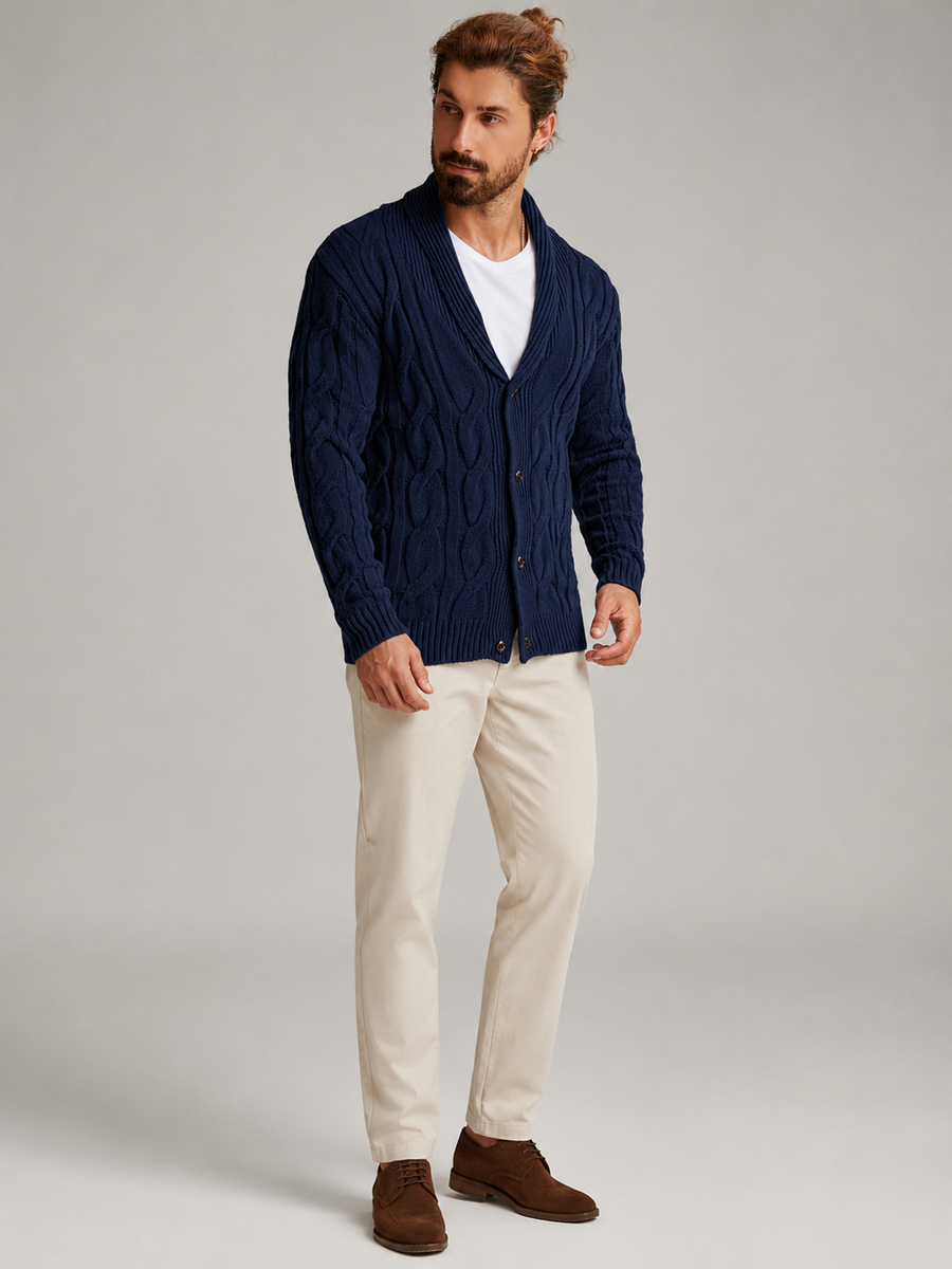 Men's cable knit shawl collar cardigan