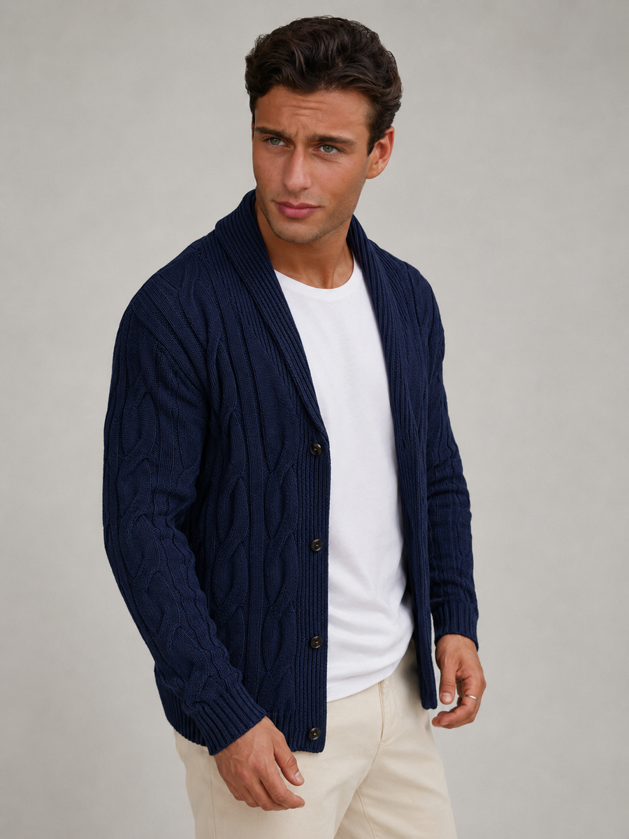 Men's cable knit shawl collar cardigan