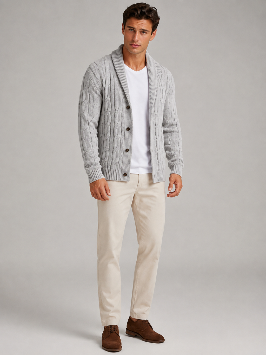 Men's cable knit shawl collar cardigan