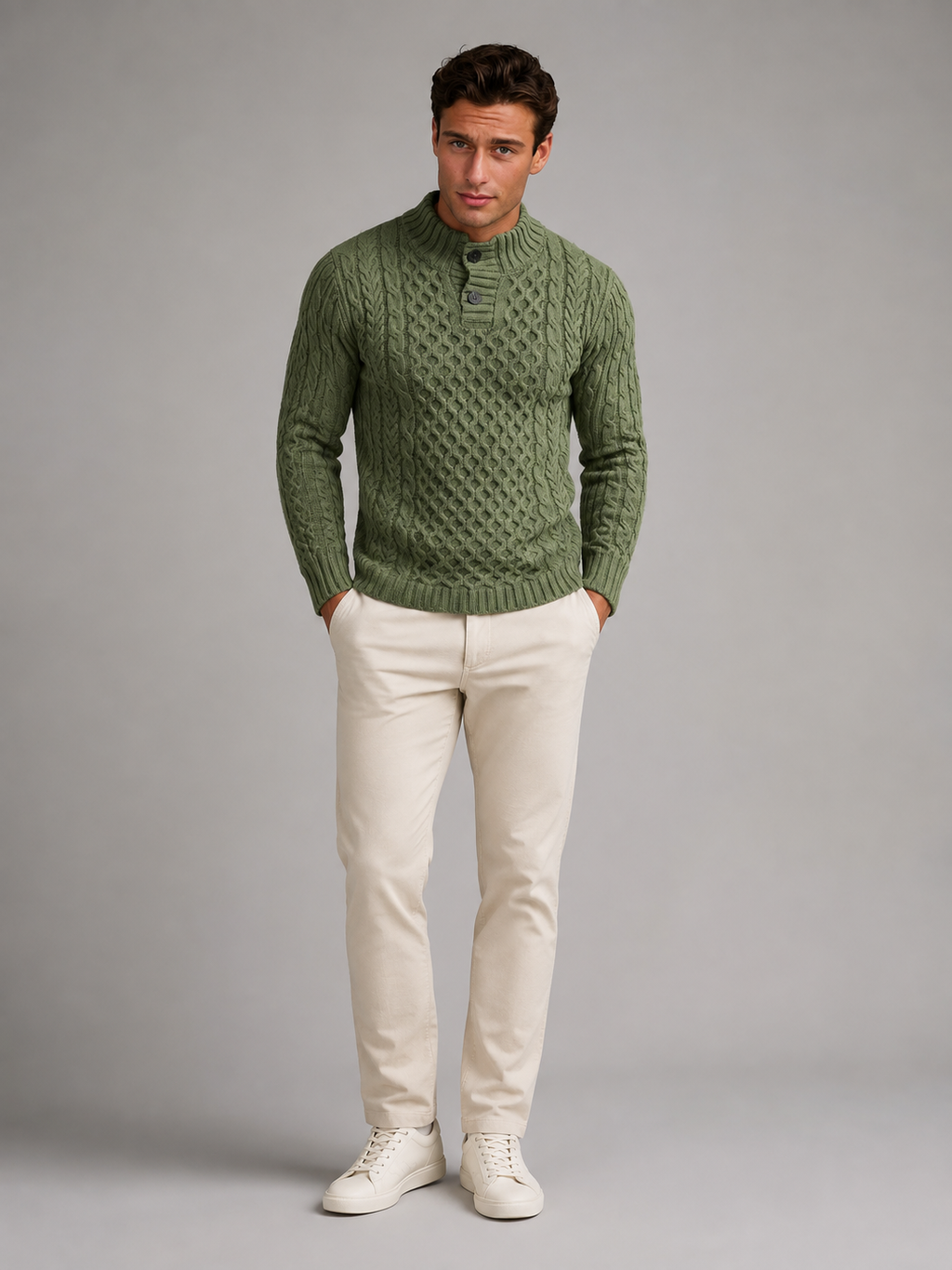 Men's slim-fit honeycomb cable knit button-neck jumper