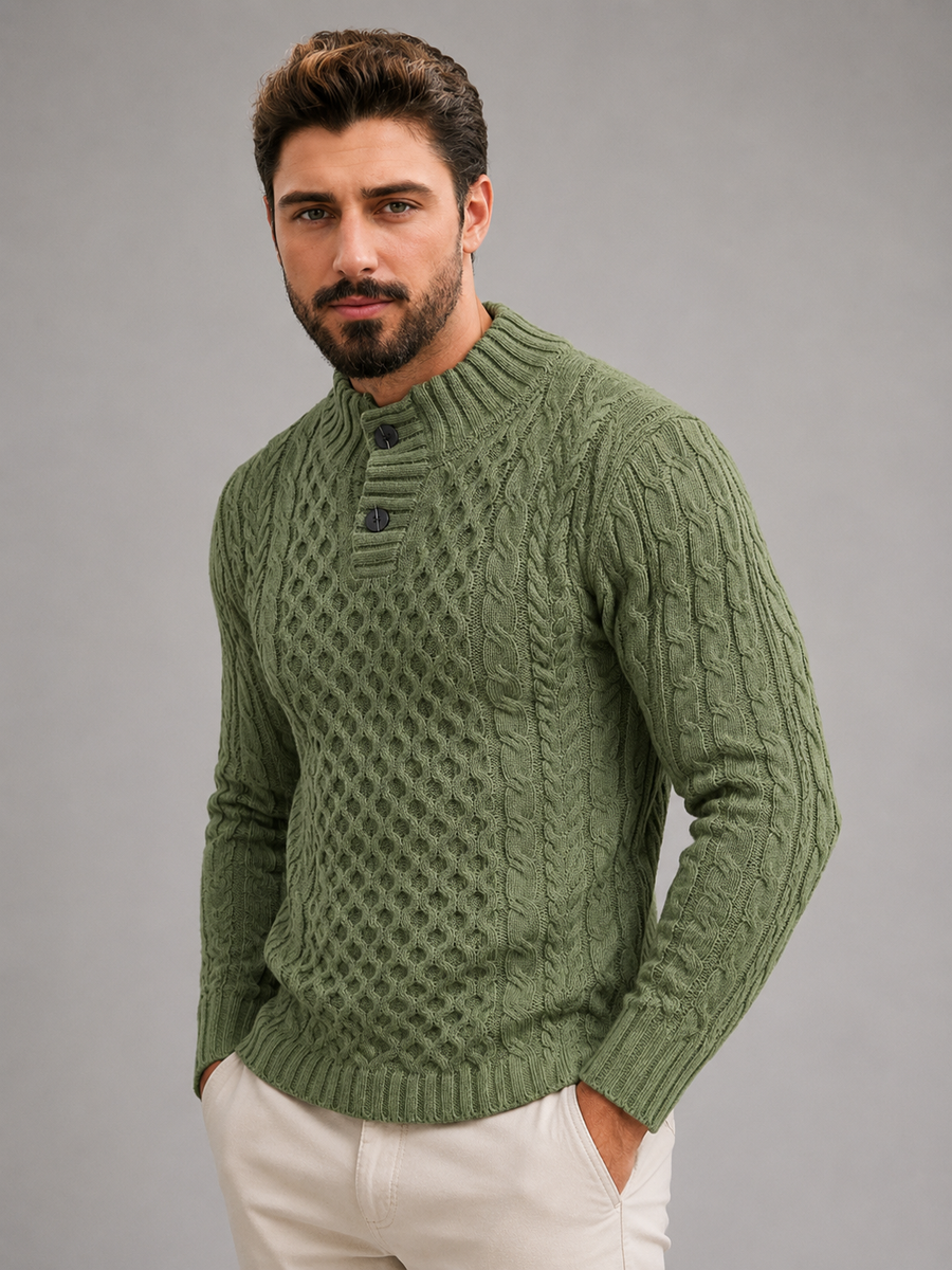 Men's slim-fit honeycomb cable knit button-neck jumper
