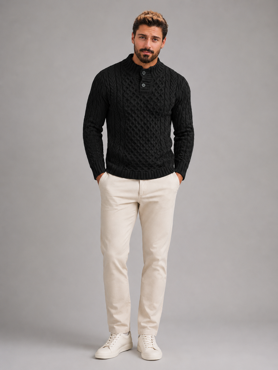 Men's slim-fit honeycomb cable knit button-neck jumper