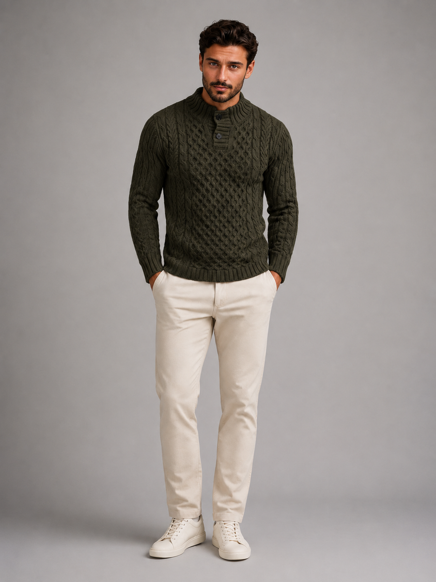 Men's slim-fit honeycomb cable knit button-neck jumper