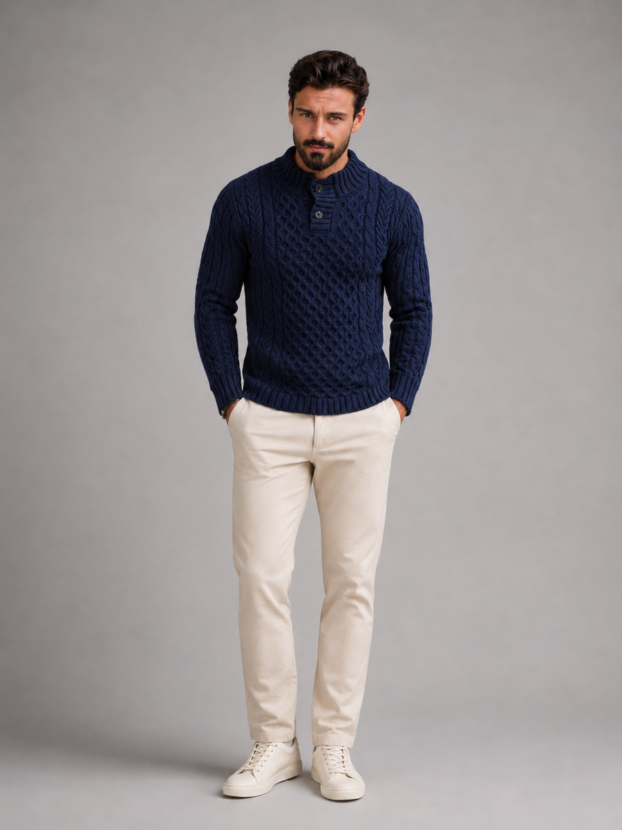 Men's slim-fit honeycomb cable knit button-neck jumper