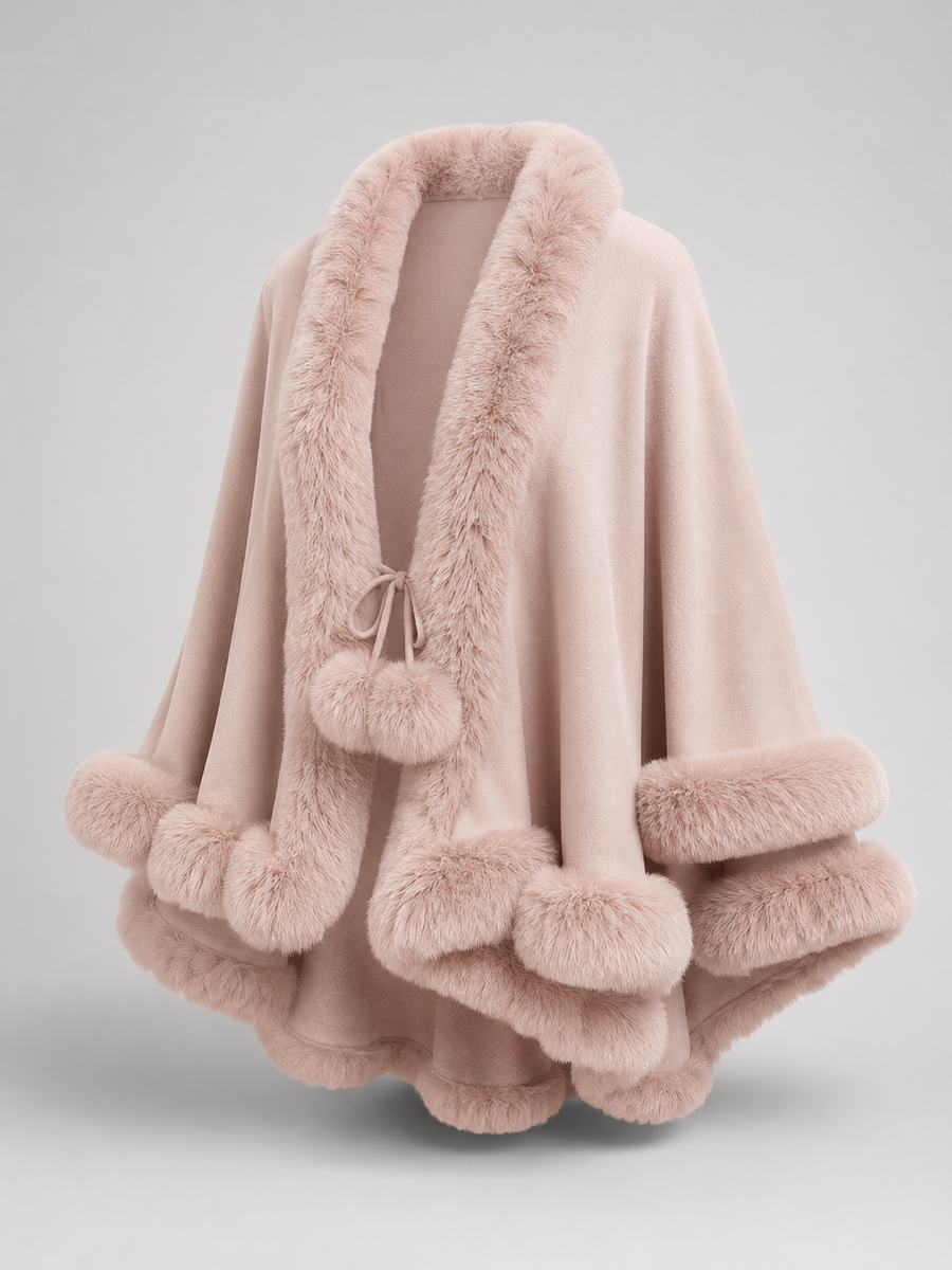Women's cape cardigan with faux fur trim