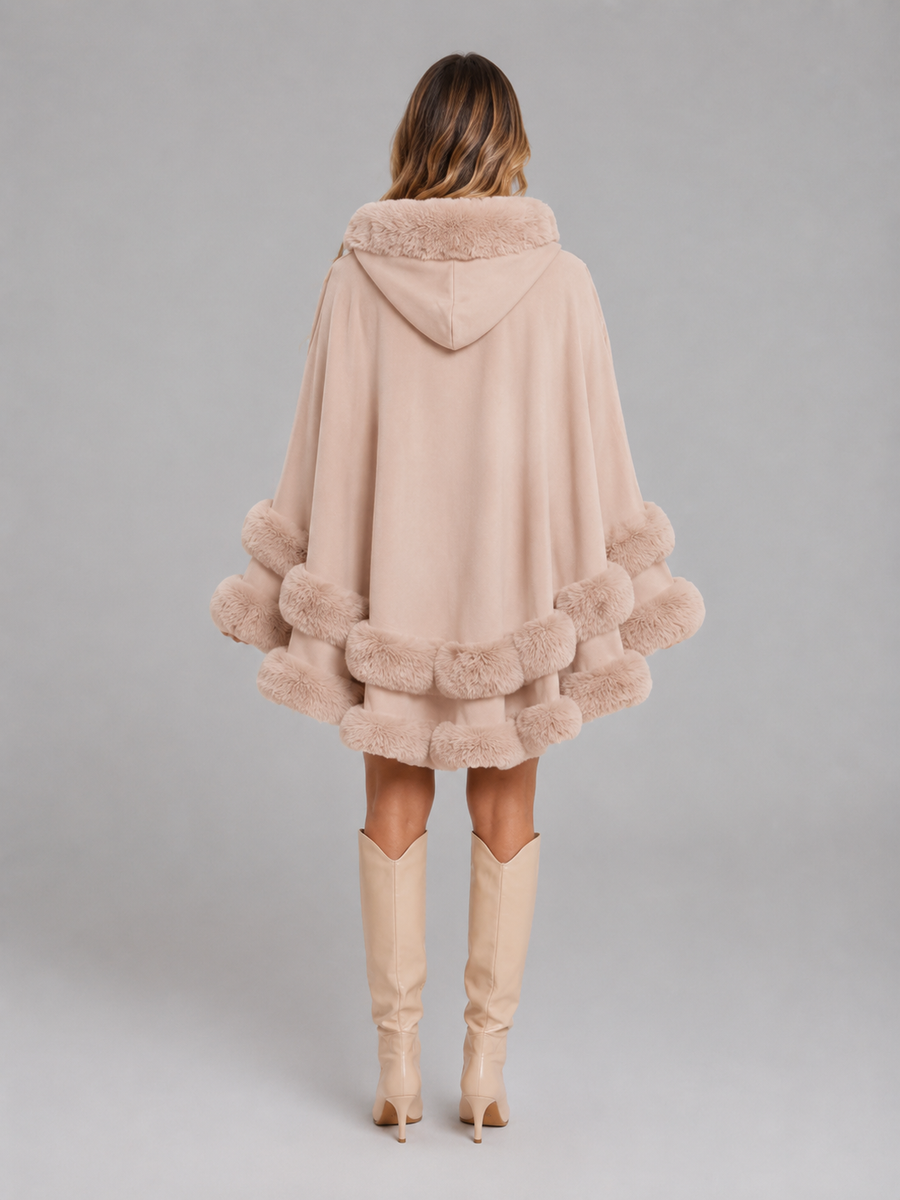 Women's cape cardigan with faux fur trim