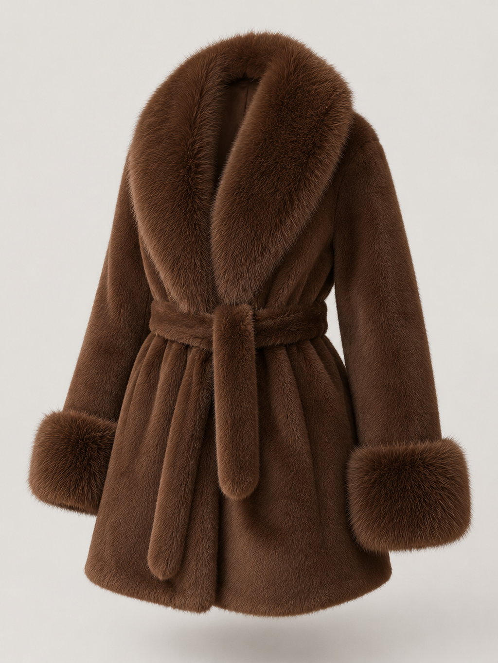 Women's belted coat with a faux fur shawl collar and cuffs