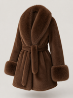 Women's belted coat with a faux fur shawl collar and cuffs