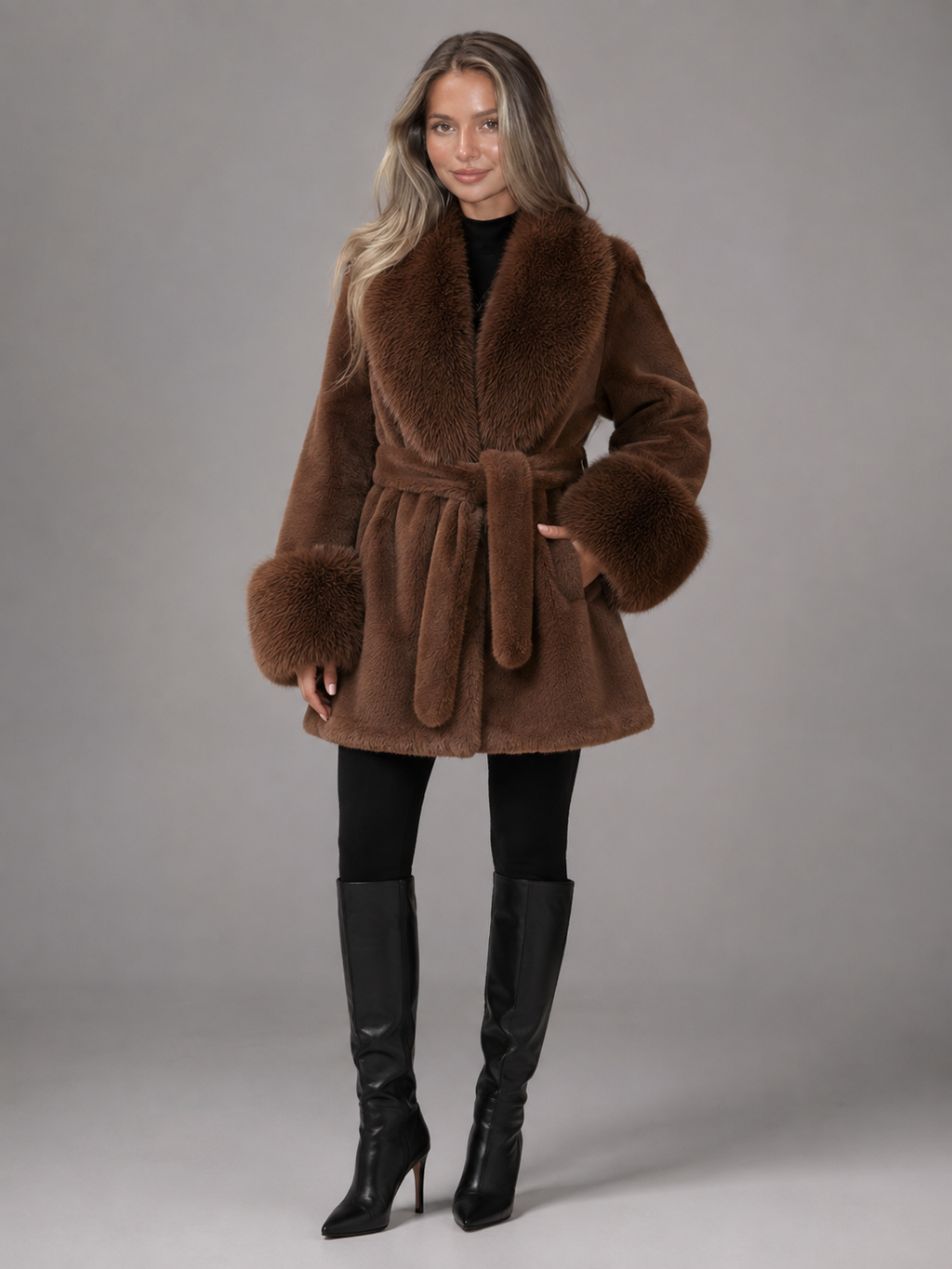 Women's belted coat with a faux fur shawl collar and cuffs