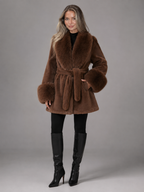 Women's belted coat with a faux fur shawl collar and cuffs