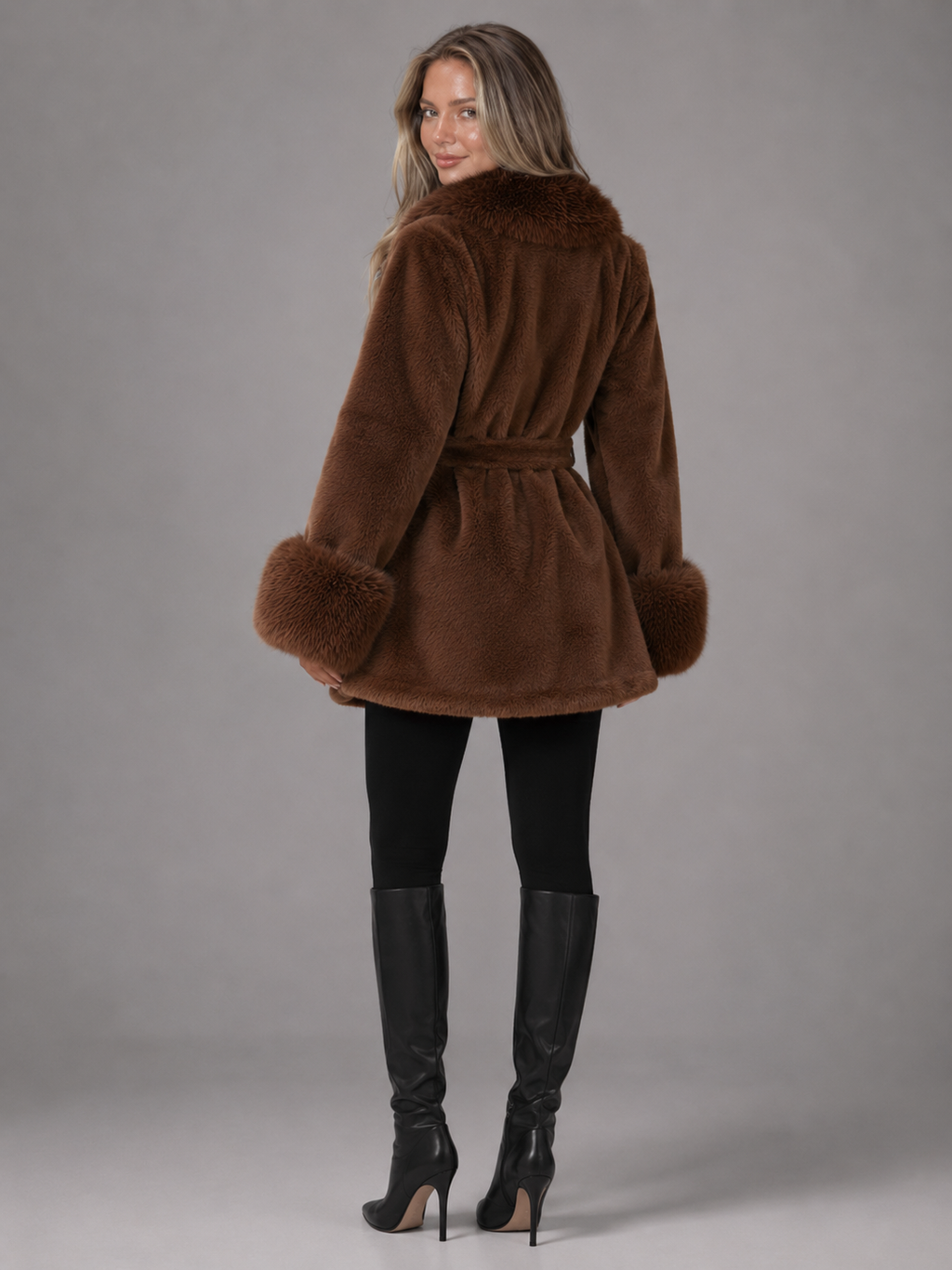 Women's belted coat with a faux fur shawl collar and cuffs