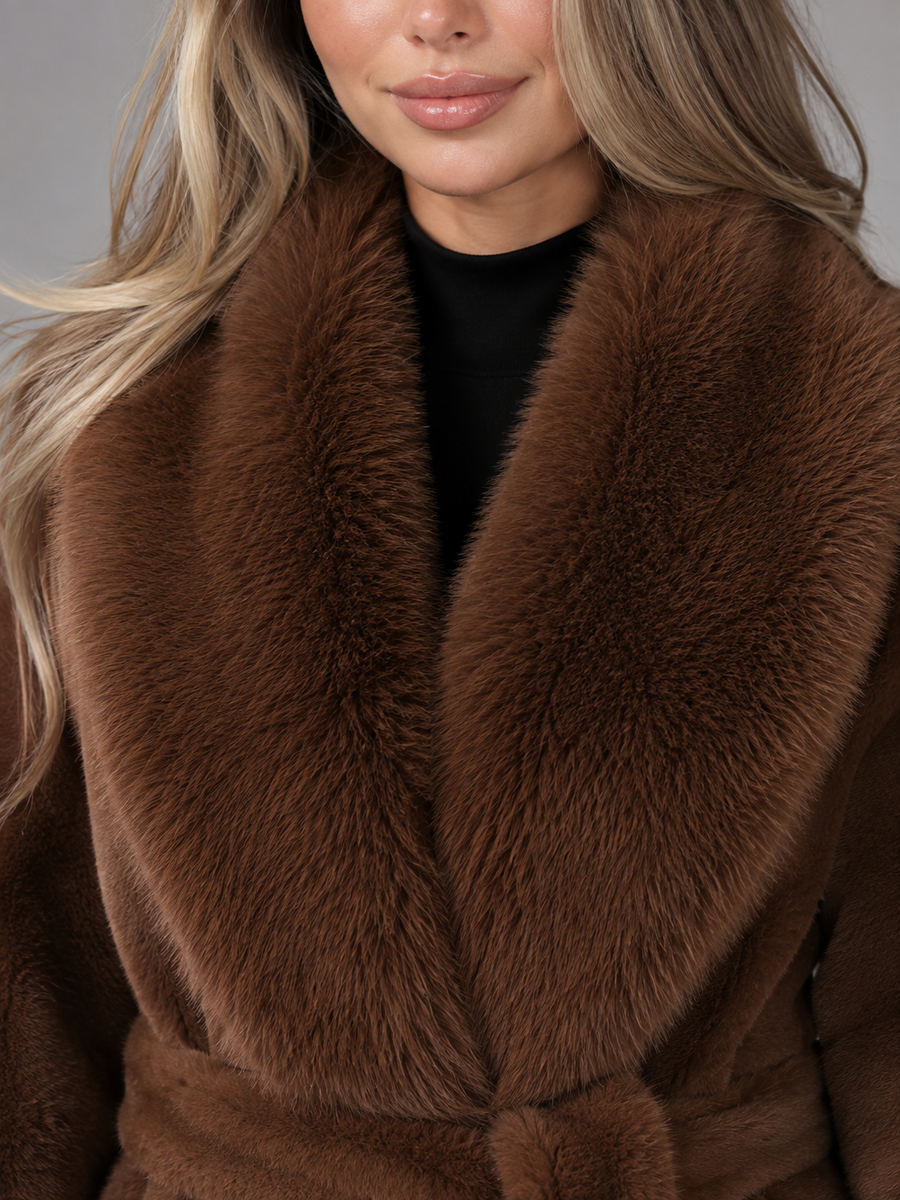 Women's belted coat with a faux fur shawl collar and cuffs