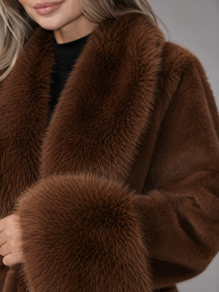 Women's belted coat with a faux fur shawl collar and cuffs