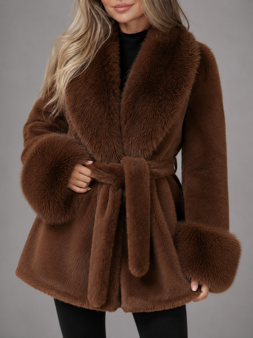 Women's belted coat with a faux fur shawl collar and cuffs