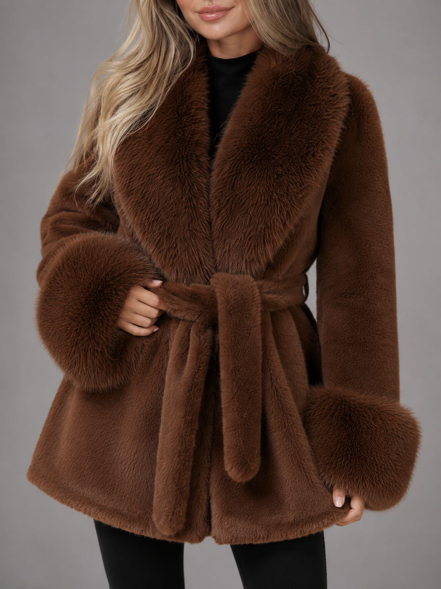 Women's belted coat with a faux fur shawl collar and cuffs