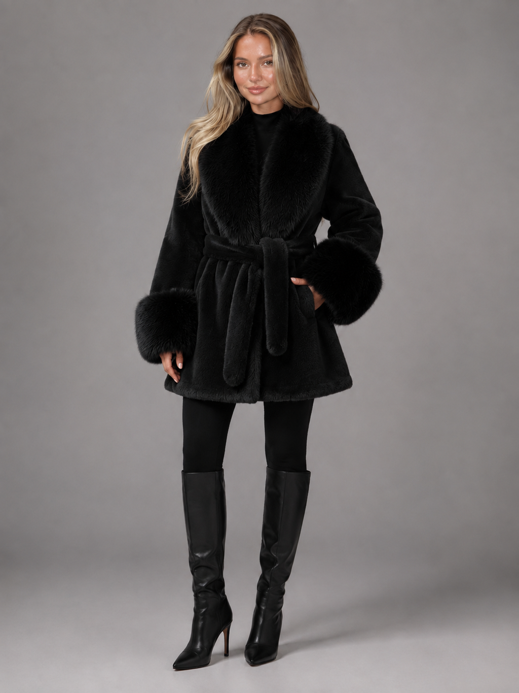 Women's belted coat with a faux fur shawl collar and cuffs