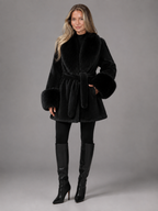 Women's belted coat with a faux fur shawl collar and cuffs