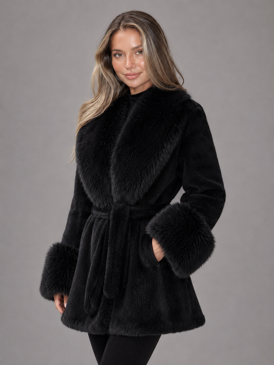 Women's belted coat with a faux fur shawl collar and cuffs