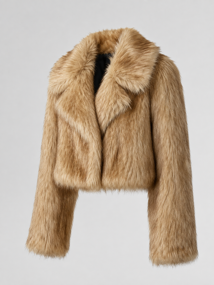 Women's cropped faux fur jacket with a wide tailored collar