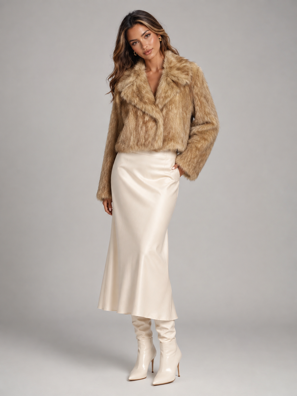 Women's cropped faux fur jacket with a wide tailored collar