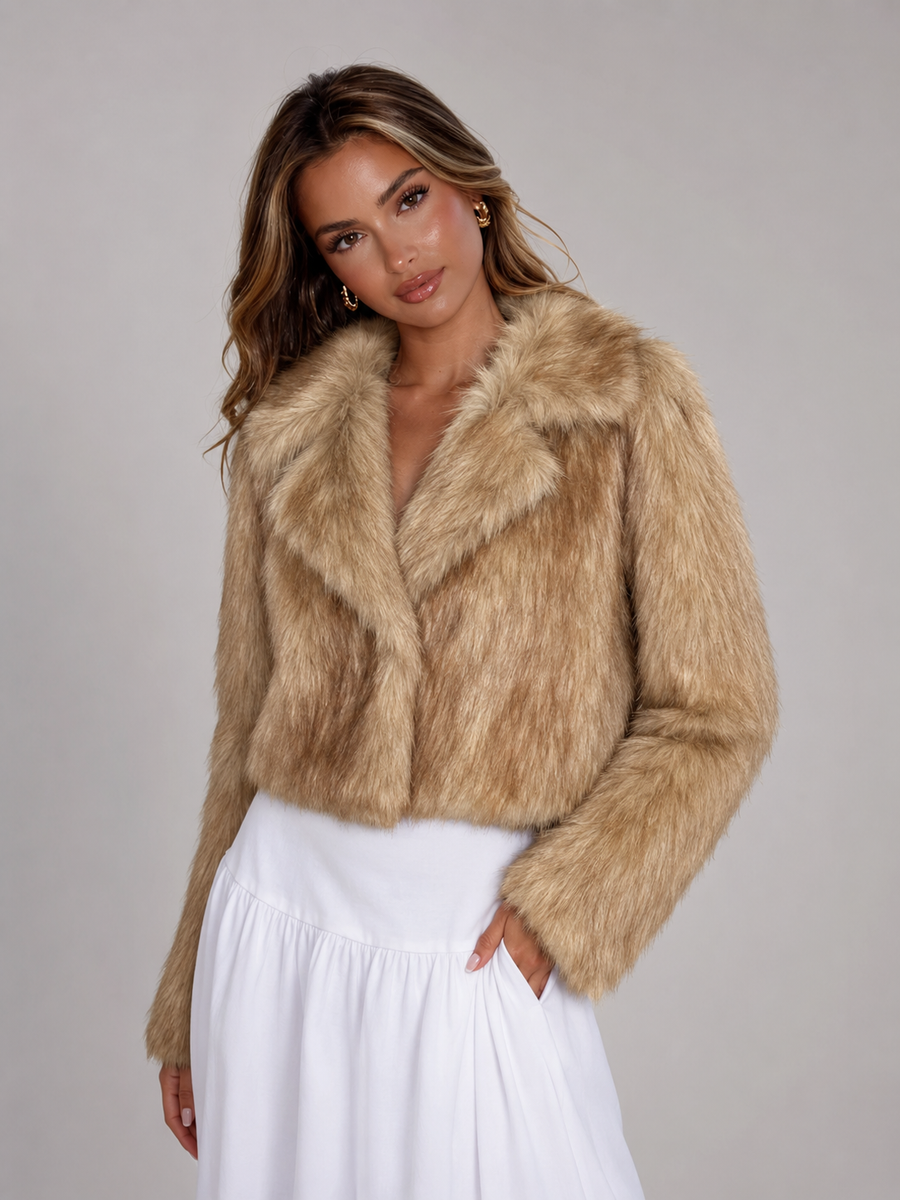 Women's cropped faux fur jacket with a wide tailored collar