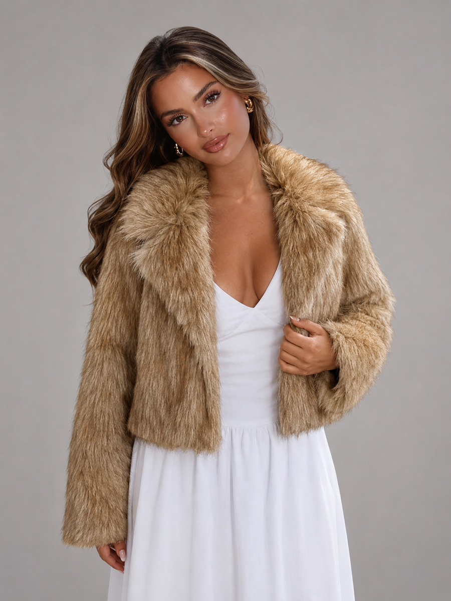 Women's cropped faux fur jacket with a wide tailored collar