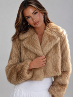 Women's cropped faux fur jacket with a wide tailored collar