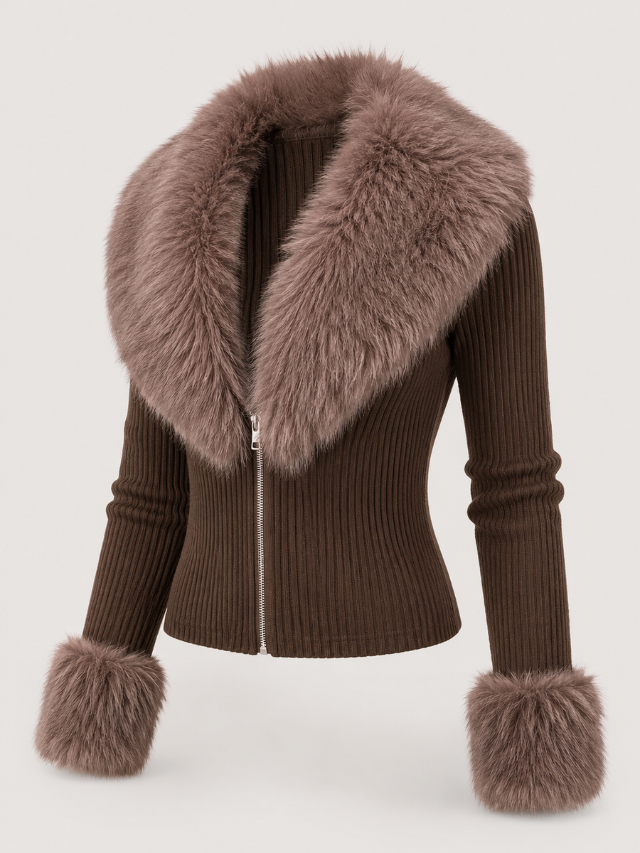Women's fitted knit cardigan with faux fur collar and cuffs