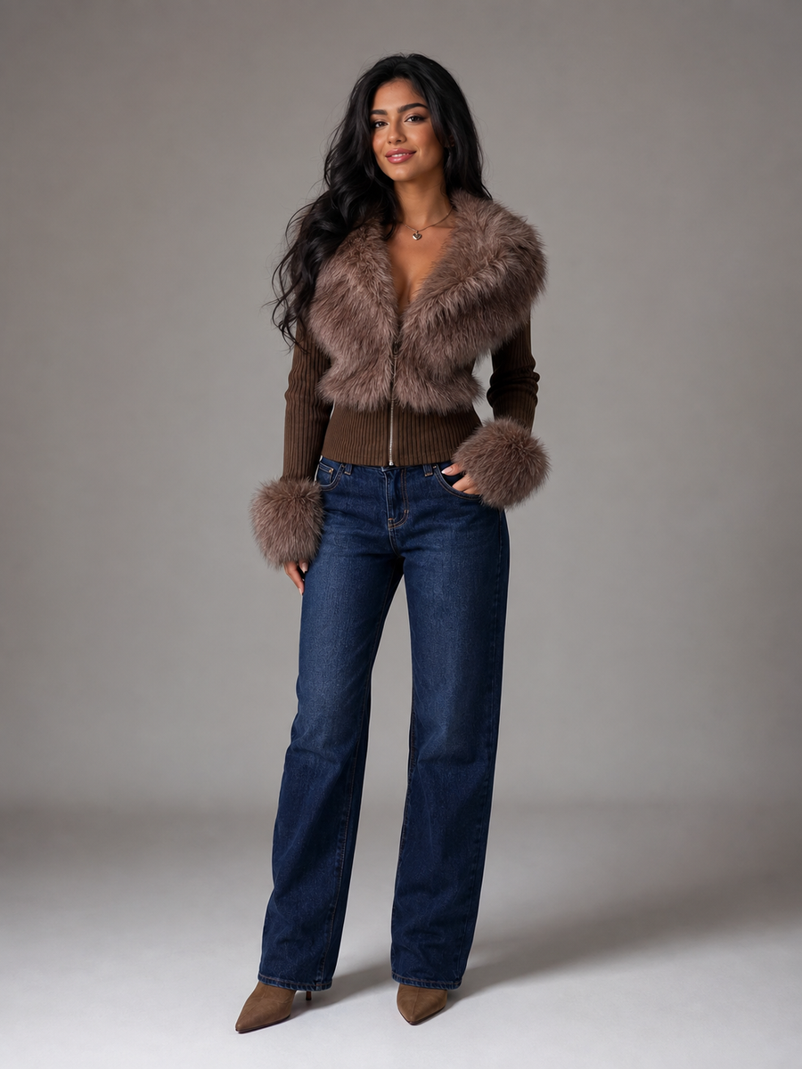 Women's fitted knit cardigan with faux fur collar and cuffs