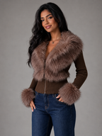 Women's fitted knit cardigan with faux fur collar and cuffs