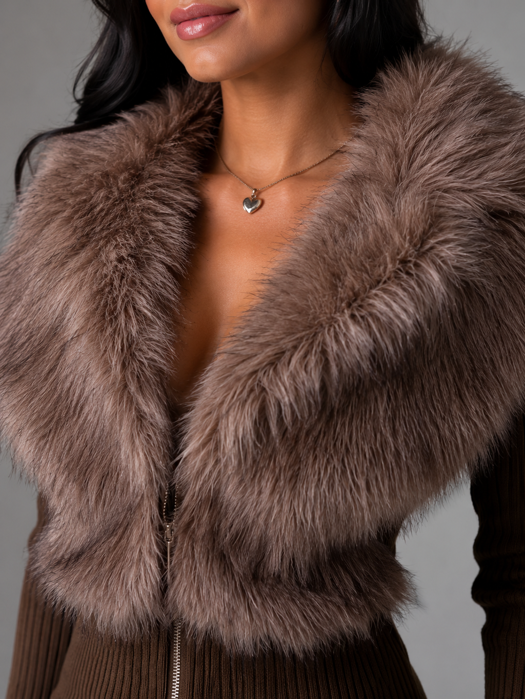 Women's fitted knit cardigan with faux fur collar and cuffs