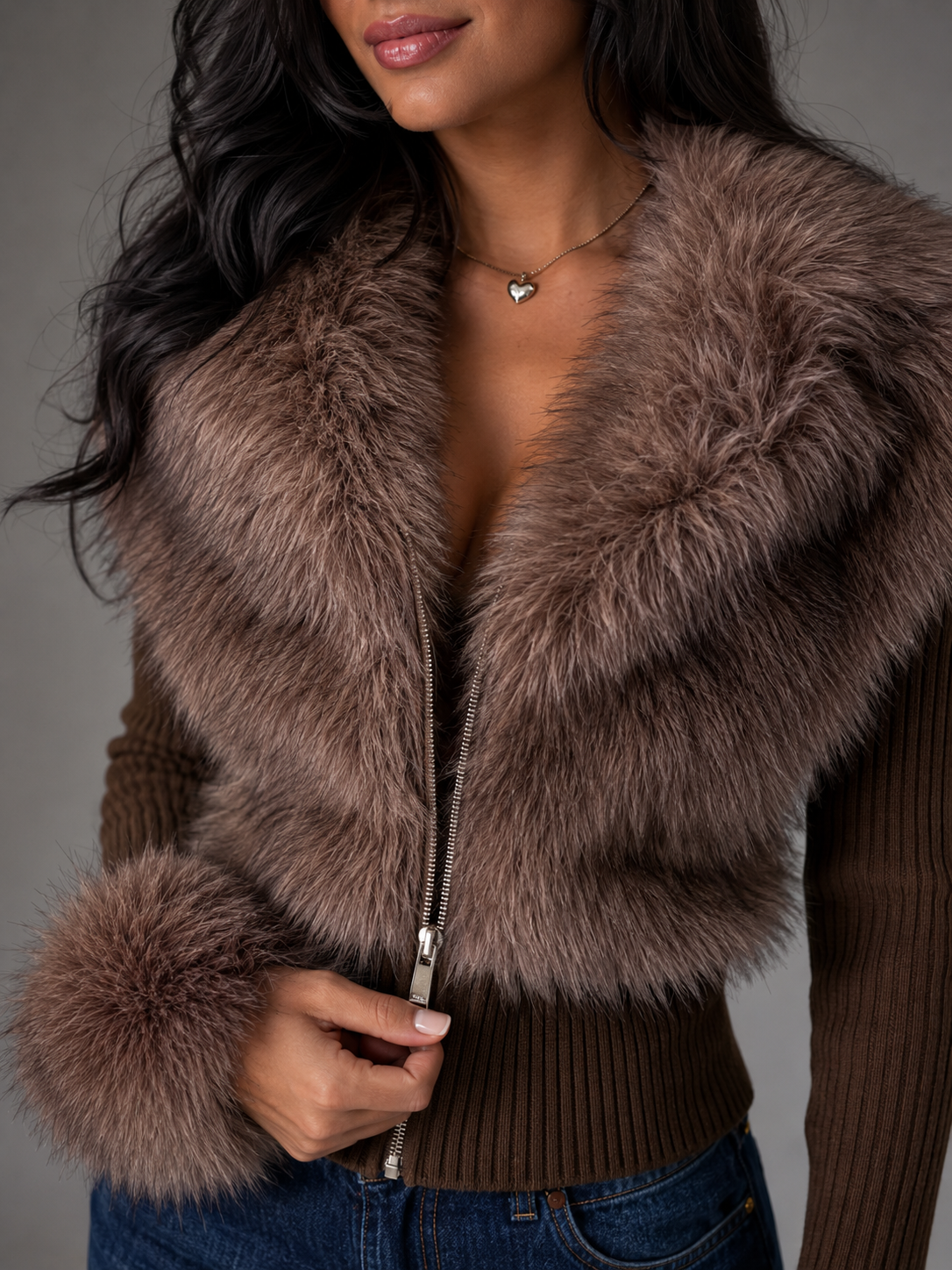 Women's fitted knit cardigan with faux fur collar and cuffs