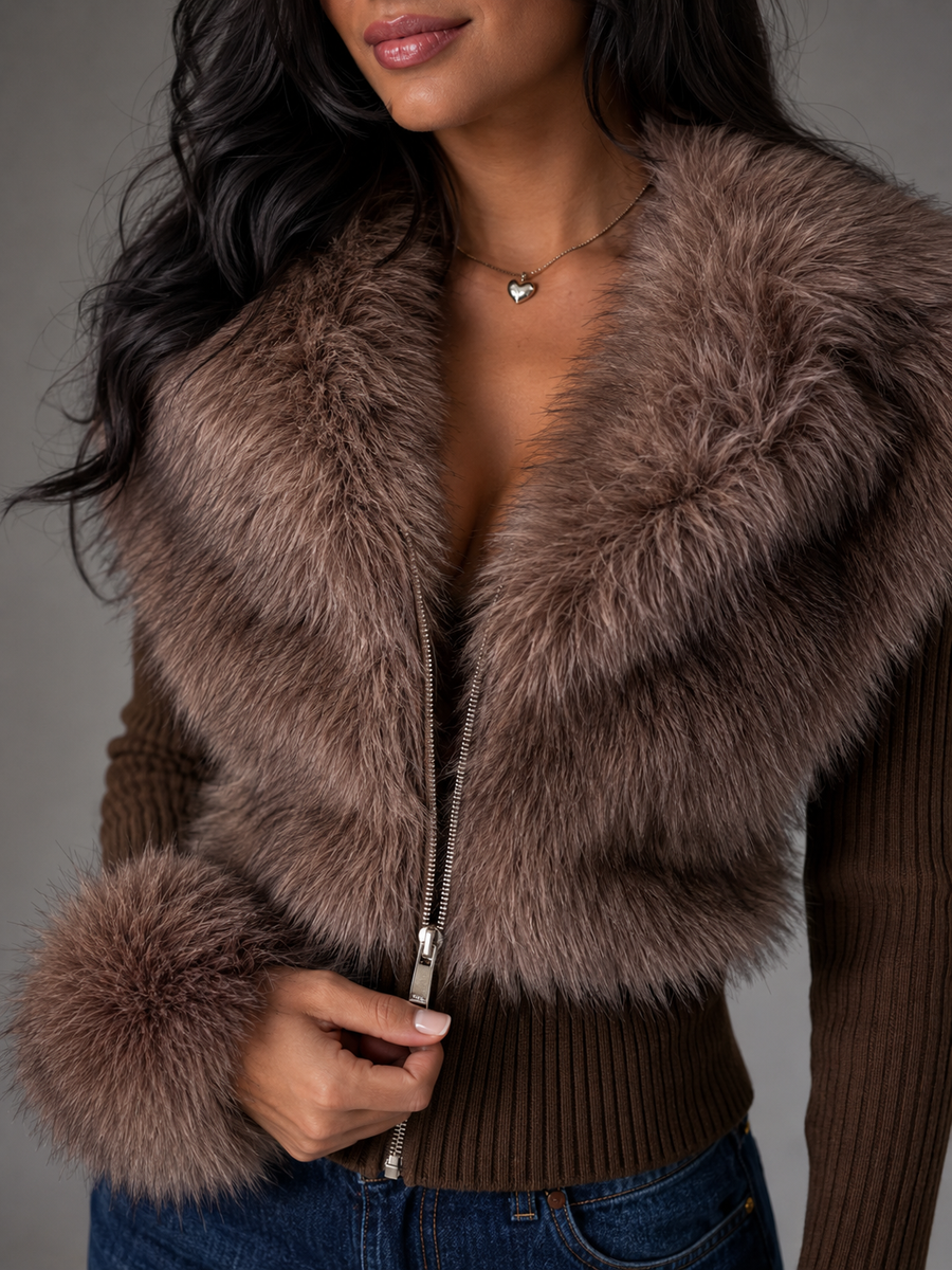 Women's fitted knit cardigan with faux fur collar and cuffs