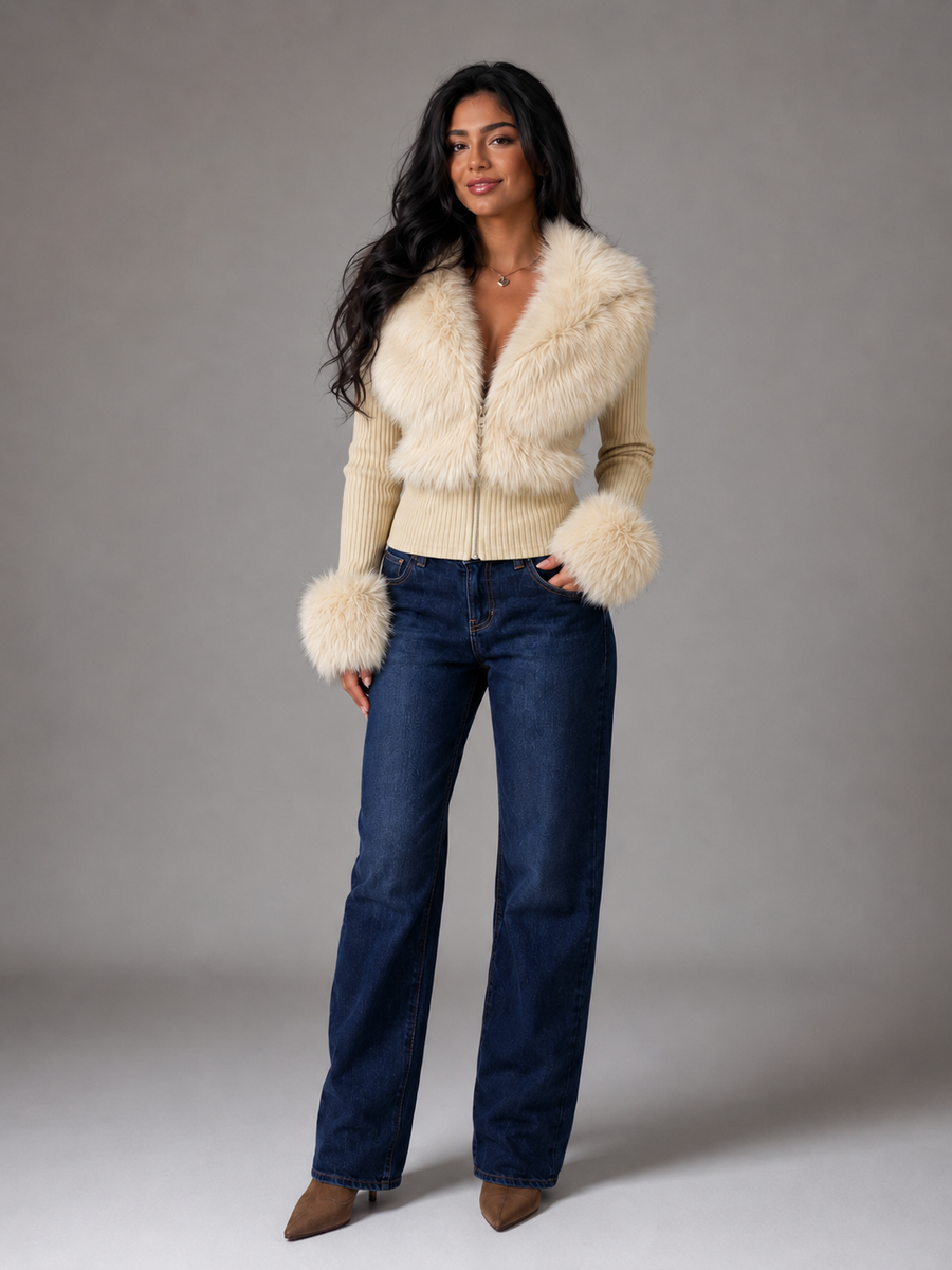 Women's fitted knit cardigan with faux fur collar and cuffs