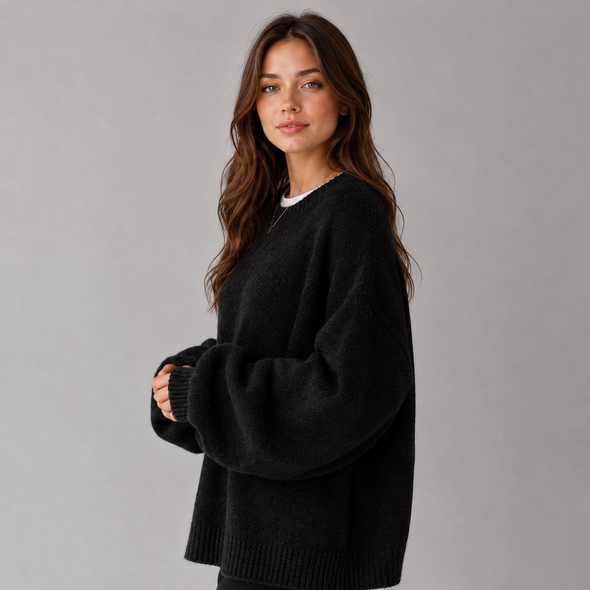 Women's round neck drop shoulder jumper with split hem