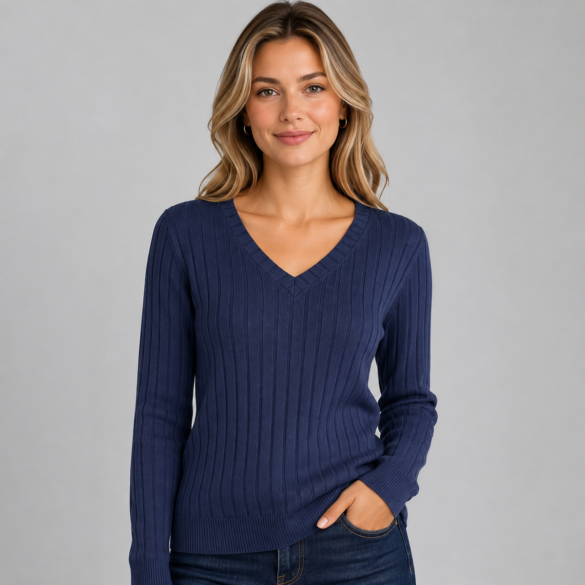 Women's ribbed brushed knit V-neck long sleeve top