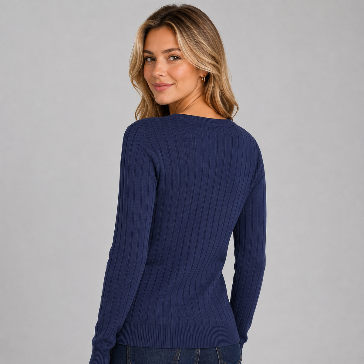 Women's ribbed brushed knit V-neck long sleeve top