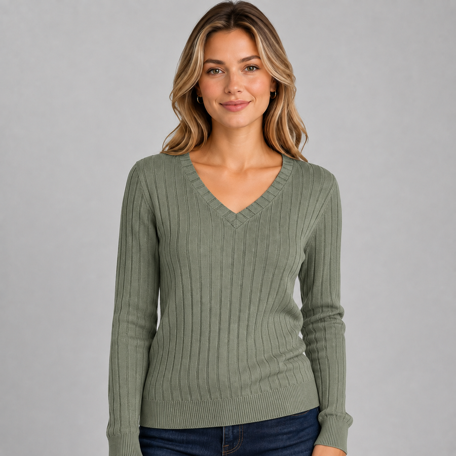 Women's ribbed brushed knit V-neck long sleeve top