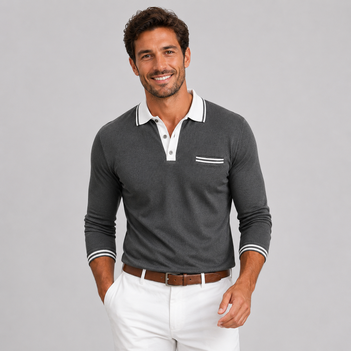 Men's long sleeve polo shirt with contrast collar