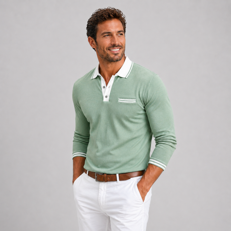 Men's long sleeve polo shirt with contrast collar
