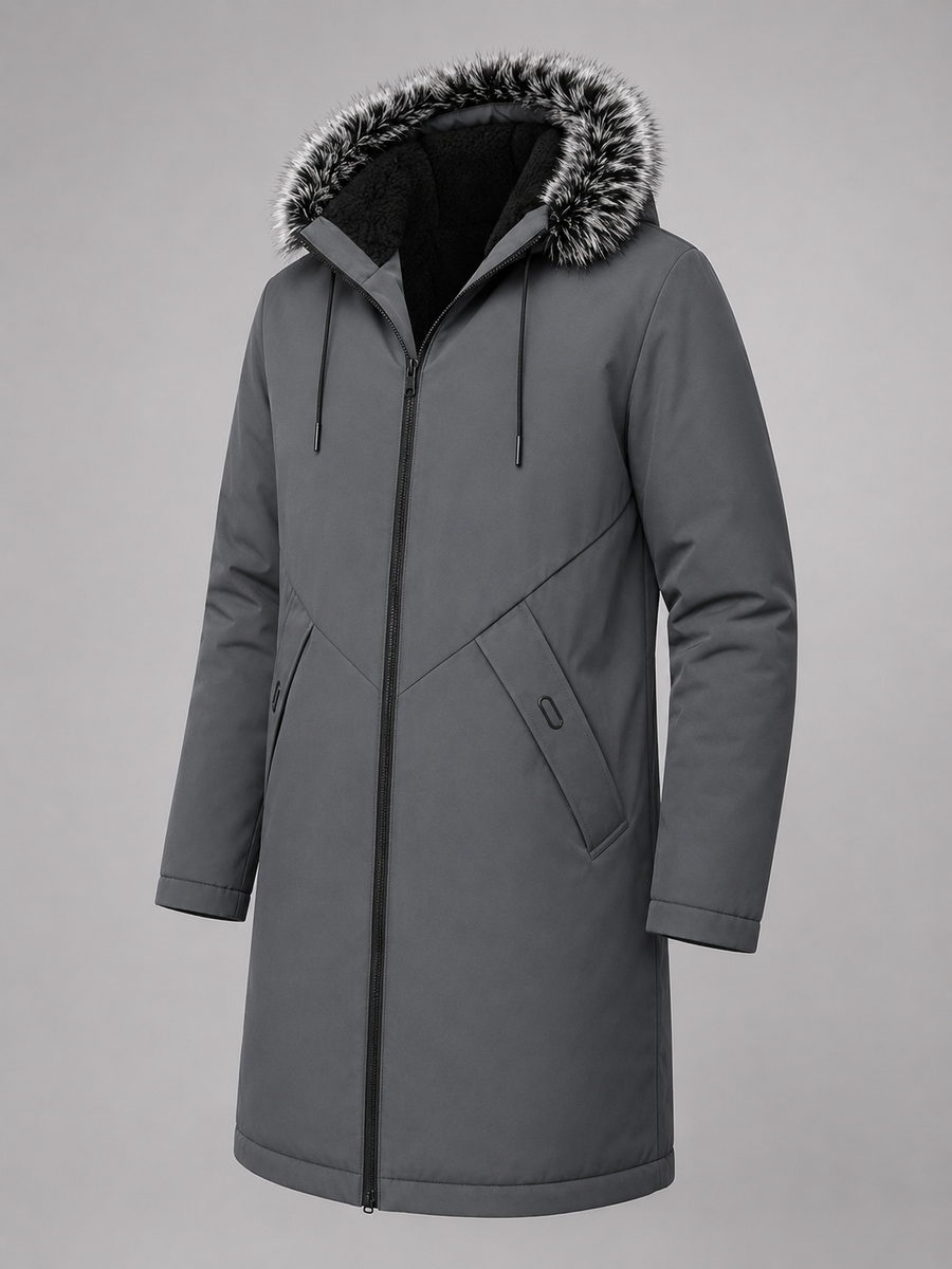 Men's fleece-lined parka with faux fur trim hood